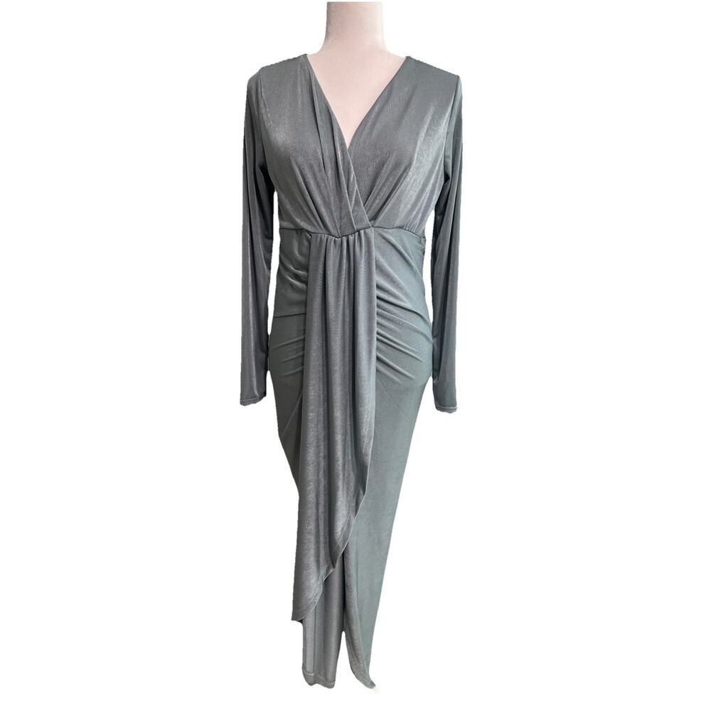 Bump Biddy Maternity Dress Womens M Green Stretchy High Low Drape Long Sleeve